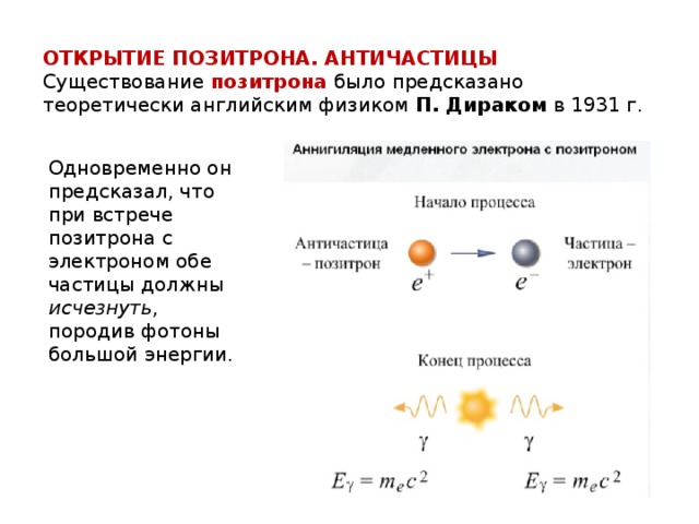 Энергия покоя позитрона. Элементарные частицы Позитрон. Позитрон античастица электрона. Открытие позитрона античастицы. Аннигиляция электрона и позитрона.