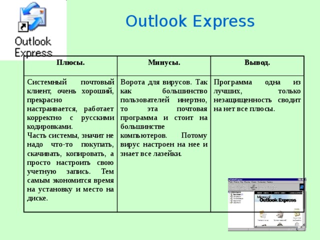 Outlook Express Плюсы. Минусы. Системный почтовый клиент, очень хороший, прекрасно настраивается, работает корректно с русскими кодировками.  Часть системы, значит не надо что-то покупать, скачивать, копировать, а просто настроить свою учетную запись. Тем самым экономится время на установку и место на диске. Вывод. Ворота для вирусов. Так как большинство пользователей инертно, то эта почтовая программа и стоит на большинстве компьютеров. Потому вирус настроен на нее и знает все лазейки. Программа одна из лучших, только незащищенность сводит на нет все плюсы.  
