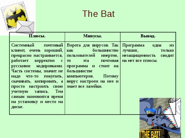 The Bat Плюсы. Минусы. Системный почтовый клиент, очень хороший, прекрасно настраивается, работает корректно с русскими кодировками.  Часть системы, значит не надо что-то покупать, скачивать, копировать, а просто настроить свою учетную запись. Тем самым экономится время на установку и место на диске. Вывод. Ворота для вирусов. Так как большинство пользователей инертно, то эта почтовая программа и стоит на большинстве компьютеров. Потому вирус настроен на нее и знает все лазейки. Программа одна из лучших, только незащищенность сводит на нет все плюсы.  