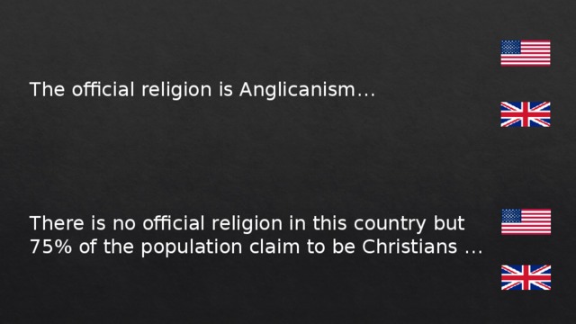 The official religion is Anglicanism… There is no official religion in this country but 75% of the population claim to be Christians … 