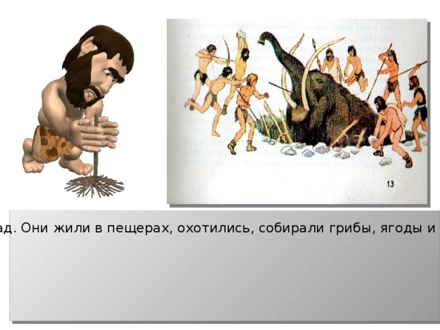 Первобытные люди появились на нашей планете около 2 миллионов лет назад. Они жили в пещерах, охотились, собирали грибы, ягоды и разные съедобные коренья. В пещере постоянно горел огонь — люди не сразу научились его добывать . 