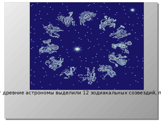 Наблюдая за движением Солнца, Луны и планет древние астрономы выделили 12 зодиакальных созвездий, по которым перемещается Солнце в течение года. 