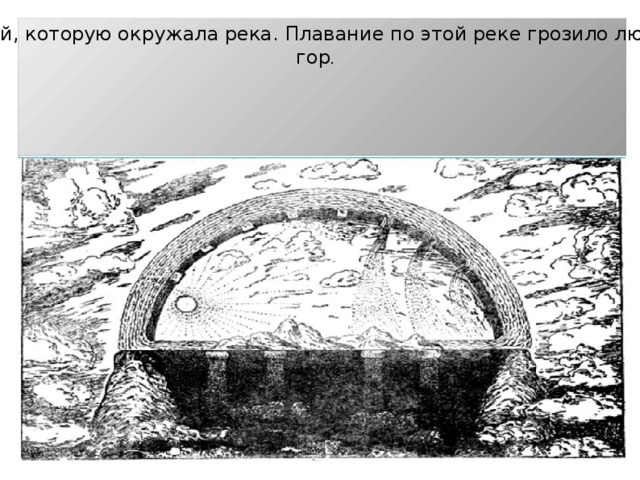 Народам, жившим между Тигром и Евфратом Земля представлялась горой, которую окружала река. Плавание по этой реке грозило людям бедами и несчастьями. Купол звездного неба опирался на вершины гор . 