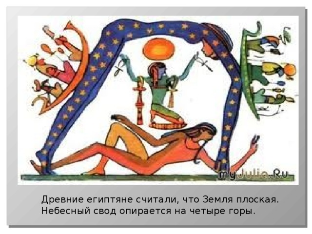 Древние египтяне считали, что Земля плоская. Небесный свод опирается на четыре горы. 