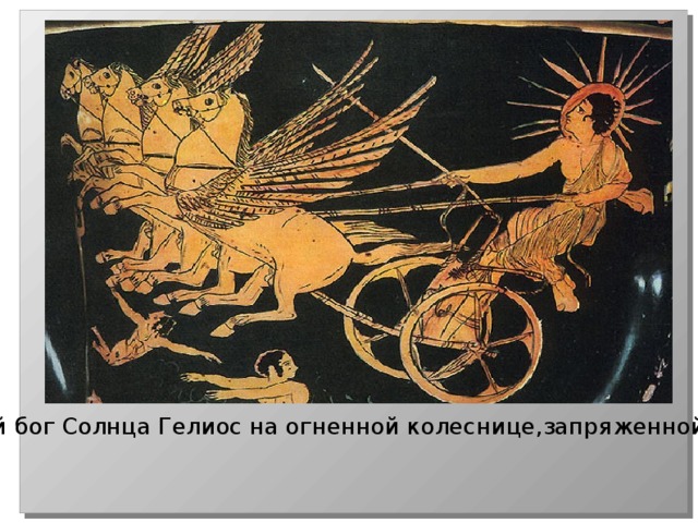Древнегреческий бог Солнца Гелиос на огненной колеснице,запряженной четырьмя конями 