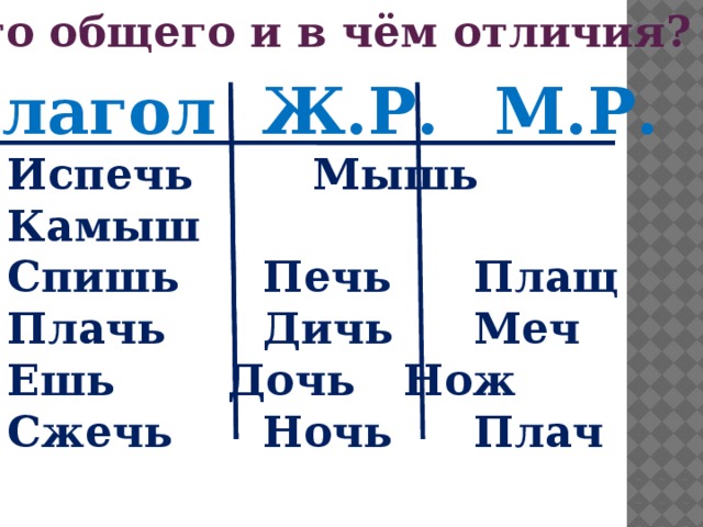 Что общего и в чём отличия? Глагол Ж.Р.  М.Р. Испечь Мышь  Камыш Спишь   Печь   Плащ Плачь   Дичь  Меч Ешь   Дочь  Нож Сжечь   Ночь   Плач    