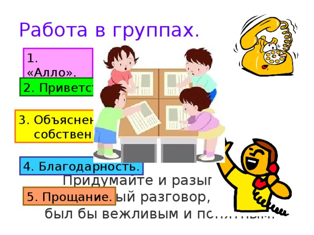 Работа в группах. 1. «Алло». 2. Приветствие. 3. Объяснение цели звонка –  собственно разговор. 4. Благодарность.  Придумайте и разыграйте телефонный разговор, который был бы вежливым и понятным. 5. Прощание. 