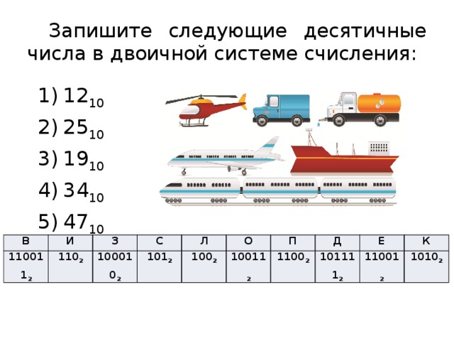 Запишите следующие десятичные числа в двоичной системе счисления: 12 10 25 10 19 10 34 10 47 10 В 110011 2 И З 110 2 100010 2 С Л 101 2 100 2 О П 10011 2 Д 1100 2 Е 101111 2 11001 2 К 1010 2