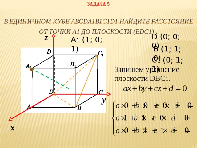 Задача 5   В единичном кубе АВСDA1B1C1D1 найдите расстояние от точки А1 до плоскости (BDC1) . z D (0; 0; 0) A 1 (1; 0; 1) B (1; 1; 0) C 1 (0; 1; 1) Запишем уравнение плоскости DBC 1 . у х