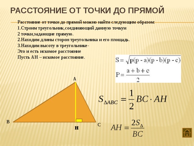 Расстояние от точки до прямой Расстояние от точки до прямой можно найти следующим образом: 1.Строим треугольник,соединяющий данную точкуи 2 точки,задающие прямую. 2.Находим длины сторон треугольника и его площадь. 3.Находим высоту в треугольнике- Это и есть искомое расстояние Пусть АН – искомое расстояние. А В С Н Н