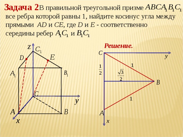 Задача 2  В правильной треугольной призме все ребра которой равны 1, найдите косинус угла между прямыми  AD и  CE , где  D и  E - соответственно середины ребер и Решение.
