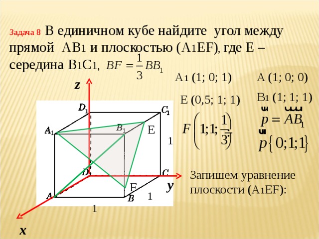 Задача 8 В единичном кубе найдите угол между прямой A В 1 и плоскостью (А 1 EF ) , где Е – середина В 1 С 1, A (1; 0; 0) A 1 (1; 0; 1) z B 1 (1; 1; 1) Е ( 0,5 ; 1 ; 1) E 1 Запишем уравнение плоскости (А 1 EF ): у F 1 1 х