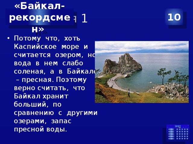 Категория 1 10 «Байкал- рекордсмен» Потому что, хоть Каспийское море и считается озером, но вода в нем слабо соленая, а в Байкале – пресная. Поэтому верно считать, что Байкал хранит больший, по сравнению с другими озерами, запас пресной воды. 