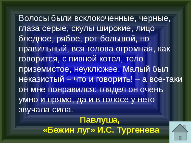  Волосы были всклокоченные, черные, глаза серые, скулы широкие, лицо бледное, рябое, рот большой, но правильный, вся голова огромная, как говорится, с пивной котел, тело приземистое, неуклюжее. Малый был неказистый – что и говорить! – а все-таки он мне понравился: глядел он очень умно и прямо, да и в голосе у него звучала сила. Павлуша, «Бежин луг» И.С. Тургенева 