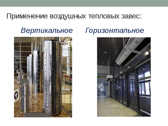 Применение воздушных тепловых завес: Вертикальное     Горизонтальное 