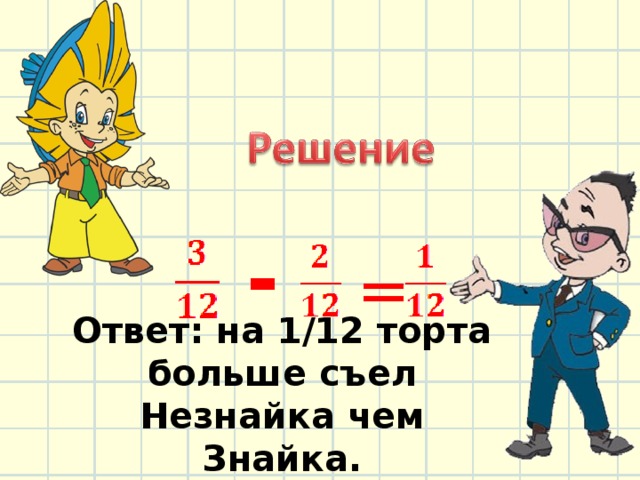 - = Ответ: на 1/12 торта больше съел Незнайка чем Знайка. 