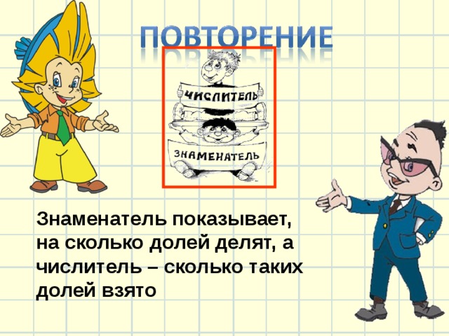 Знаменатель показывает, на сколько долей делят, а числитель – сколько таких долей взято 