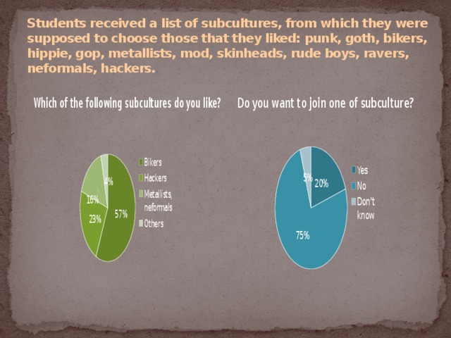 Students received a list of subcultures, from which they were supposed to choose those that they liked: punk, goth, bikers, hippie, gop, metallists, mod, skinheads, rude boys, ravers, neformals, hackers. 