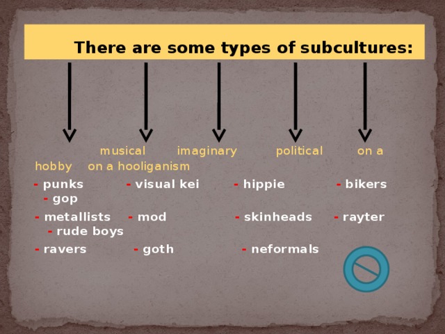  There are some types of subcultures:  musical imaginary political on a hobby on a hooliganism   - punks   -  visual kei - hippie - bikers - gop  - metallists - mod - skinheads - rayter - rude boys  - ravers - goth - neformals 