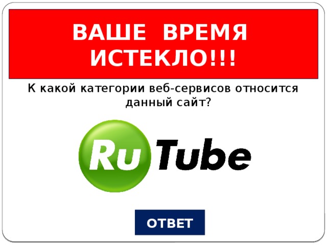 ВАШЕ ВРЕМЯ ИСТЕКЛО!!! Веб-сервисы Вопрос №4 К какой категории веб-сервисов относится данный сайт? ОТВЕТ