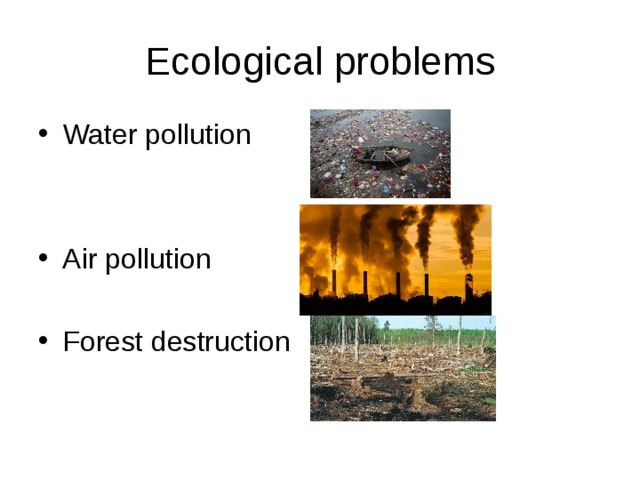 Ecological problems Water pollution   Air pollution  Forest destruction 