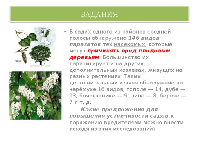 ЗАДАНИЯ В садах одного из районов средней полосы обнаружено 146 видов паразитов тех насекомых , которые могут причинять вред плодовым деревьям . Большинство их паразитирует и на других, дополнительных хозяевах, живущих на разных растениях. Таких дополнительных хозяев обнаружено на черёмухе 16 видов, тополе — 14, дубе — 13, боярышнике — 9, липе — 8, берёзе — 7 и т. д.  Какие предложения для повышения устойчивости садов к поражению вредителями можно внести исходя из этих исследований? 