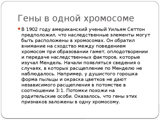 Гены в одной хромосоме В 1902 году американский ученый Уильям Сеттон предположил, что наследственные элементы могут быть расположены в хромосомах. Он обратил внимание на сходство между поведением хромосом при образовании гамет, оплодотворении и передаче наследственных факторов, которые изучал Мендель. Начали появляться сведения о случаях, в которых расщепление по Менделю не наблюдалось. Например, у душистого горошка форма пыльцы и окраска цветков не дают независимого расщепления в потомстве в соотношении 3:1. Потомки похожи на родительские особи. Оказалось, что гены этих признаков заложены в одну хромосому. 