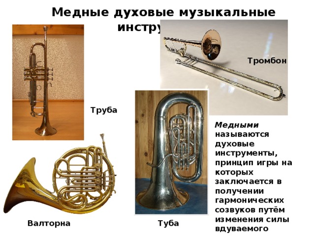 Медные духовые музыкальные инструменты Тромбон Труба Медными называются духовые инструменты, принцип игры на которых заключается в получении гармонических созвуков путём изменения силы вдуваемого потока воздуха или положения губ. Валторна Туба 