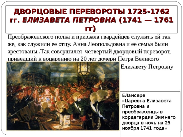 ДВОРЦОВЫЕ ПЕРЕВОРОТЫ 1725-1762 гг. ЕЛИЗАВЕТА ПЕТРОВНА (1741 — 1761 гг)  В ночь на 25 ноября 1741 года она пришла в казармы Преображенского полка и призвала гвардейцев служить ей так же, как служили ее отцу. Анна Леопольдовна и ее семья были арестованы .Так совершился четвертый дворцовый переворот, приведший к воцарению на 20 лет дочери Петра Великого Елизавету Петровну ЕЛансере  «Царевна Елизавета Петровна и преображенцы в кордегардии Зимнего дворца в ночь на 25 ноября 1741 года»   