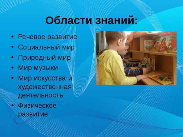 Области знаний: Речевое развитие Социальный мир Природный мир Мир музыки Мир искусства и художественная деятельность Физическое развитие  
