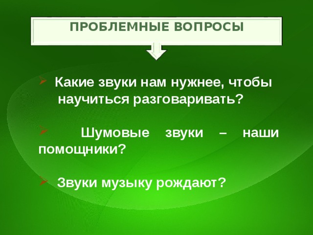 ПРОБЛЕМНЫЕ ВОПРОСЫ  Какие звуки нам нужнее, чтобы  научиться разговаривать?   Шумовые звуки – наши помощники?   Звуки музыку рождают?  