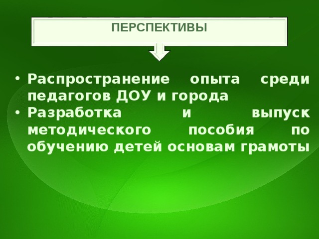 ПЕРСПЕКТИВЫ  Распространение опыта среди педагогов ДОУ и города Разработка и выпуск методического пособия по обучению детей основам грамоты 