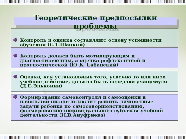 Теоретические предпосылки проблемы Контроль и оценка составляют основу успешности обучения (С.Т.Шацкий)  Контроль должен быть мотивирующим и диагностирующим, а оценка рефлексивной и прогностической ( Ю.К. Бабанский)   Оценка, как установление того, усвоено то или иное учебное действие, должна быть передана учащемуся (Д.Б.Эльконин)  Формирование самоконтроля и самооценки в начальной школе позволит решить личностные задачи ребенка по самосовершенствованию, формированию индивидуального субъекта учебной деятельности (Н.В.Ануфриева) 