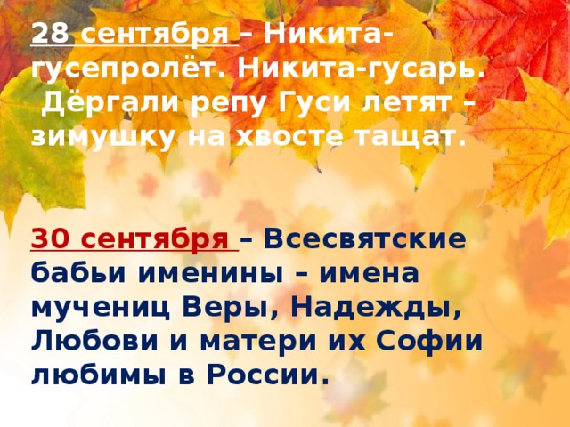 28 сентября – Никита-гусепролёт. Никита-гусарь.  Дёргали репу Гуси летят – зимушку на хвосте тащат.   30 сентября – Всесвятские бабьи именины – имена мучениц Веры, Надежды, Любови и матери их Софии любимы в России. 