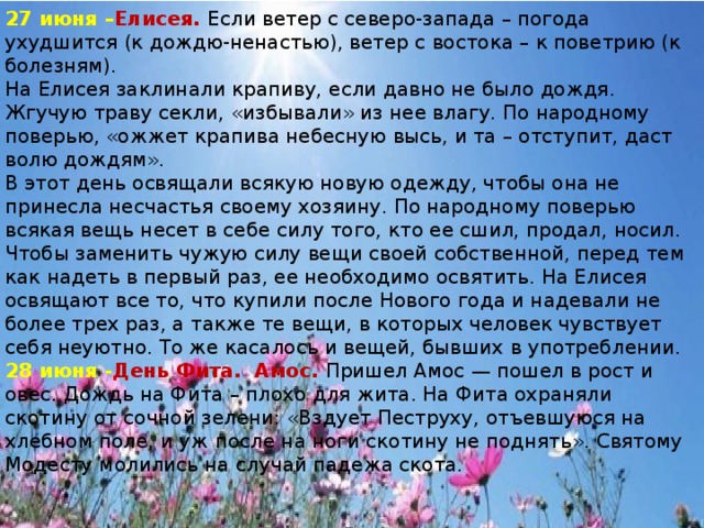 27 июня – Елисея. Если ветер с северо‑запада – погода ухудшится (к дождю‑ненастью), ветер с востока – к поветрию (к болезням). На Елисея заклинали крапиву, если давно не было дождя. Жгучую траву секли, «избывали» из нее влагу. По народному поверью, «ожжет крапива небесную высь, и та – отступит, даст волю дождям». В этот день освящали всякую новую одежду, чтобы она не принесла несчастья своему хозяину. По народному поверью всякая вещь несет в себе силу того, кто ее сшил, продал, носил. Чтобы заменить чужую силу вещи своей собственной, перед тем как надеть в первый раз, ее необходимо освятить. На Елисея освящают все то, что купили после Нового года и надевали не более трех раз, а также те вещи, в которых человек чувствует себя неуютно. То же касалось и вещей, бывших в употреблении. 28 июня - День Фита.  Амос. Пришел Амос — пошел в рост и овес. Дождь на Фита – плохо для жита. На Фита охраняли скотину от сочной зелени: «Вздует Пеструху, отъевшуюся на хлебном поле, и уж после на ноги скотину не поднять». Святому Модесту молились на случай падежа скота.    