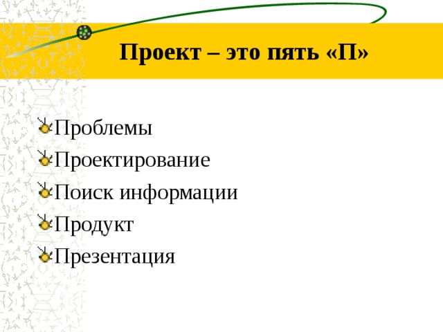 Проект – это пять «П» Проблемы Проектирование Поиск информации Продукт Презентация