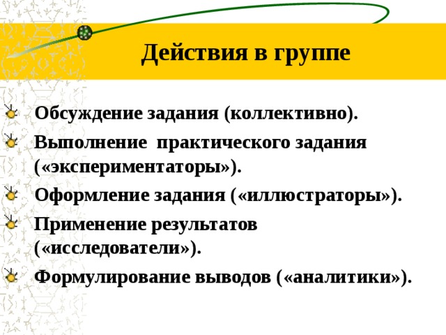 Действия в группе Обсуждение задания (коллективно). Выполнение практического задания («экспериментаторы»). Оформление задания («иллюстраторы»). Применение результатов («исследователи»). Формулирование выводов («аналитики»).