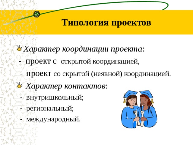 Типология проектов Характер координации проекта : - проект с открытой координацией, - проект со скрыт о й (неявн о й ) координацией. Характер контактов : - внутришкольный; - региональный; - международный.