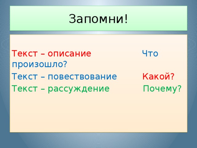 Какой тип текста описание повествование рассуждение