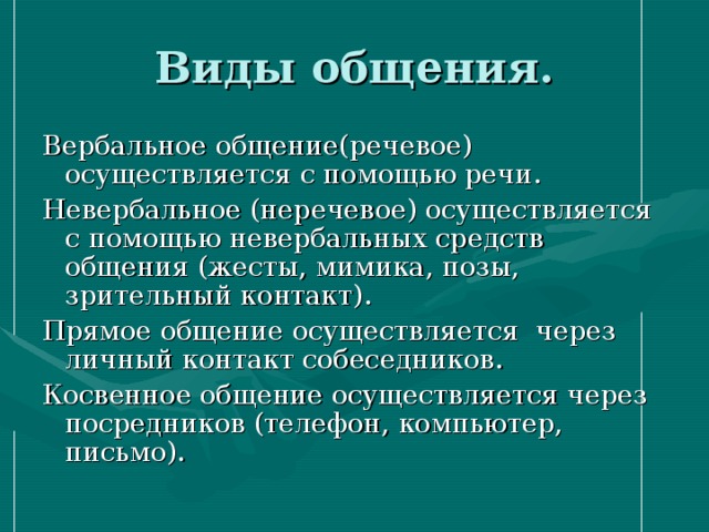 Виды общения. Вербальное общение(речевое) осуществляется с помощью речи. Невербальное (неречевое) осуществляется с помощью невербальных средств общения (жесты, мимика, позы, зрительный контакт). Прямое общение осуществляется через личный контакт собеседников. Косвенное общение осуществляется через посредников (телефон, компьютер, письмо). 