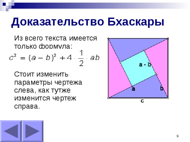 Доказательство Бхаскары   Из всего текста имеется только формула:  Стоит изменить параметры чертежа слева, как тутже изменится чертеж справа.  