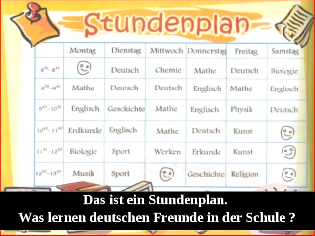 Das ist ein Stundenplan. Was lernen deutschen Freunde in der Schule ? 