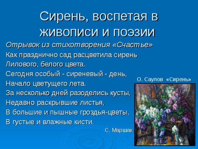 Сирень, воспетая в живописи и поэзии Отрывок из стихотворения «Счастье» Как празднично сад расцветила сирень Лилового, белого цвета. Сегодня особый - сиреневый - день, Начало цветущего лета. За несколько дней разоделись кусты, Недавно раскрывшие листья, В большие и пышные гроздья-цветы, В густые и влажные кисти.       С. Маршак О. Саулов «Сирень» 