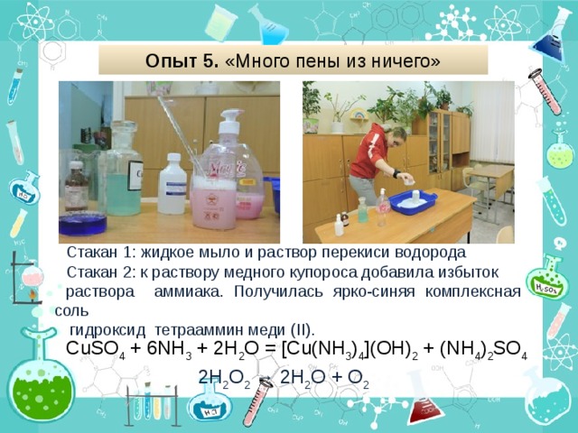 Опыт 5. «Много пены из ничего» Стакан 1: жидкое мыло и раствор перекиси водорода Стакан 2: к раствору медного купороса добавила избыток раствора аммиака. Получилась ярко-синяя комплексная соль  гидроксид тетрааммин меди ( II ). CuSO 4   + 6 NH 3   + 2 H 2 O = [ Cu ( NH 3 ) 4 ]( OH ) 2   + ( NH 4 ) 2 SO 4 2H 2 O 2  → 2H 2 O + O 2