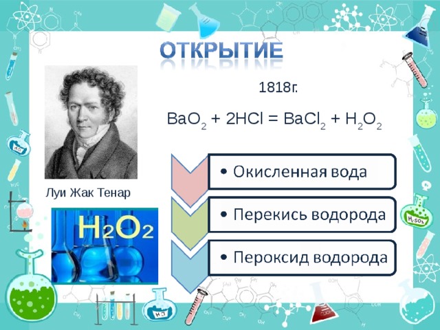 BaO 2 + 2 HCl = BaCl 2 + H 2 O 2  1818г. Луи Жак Тенар
