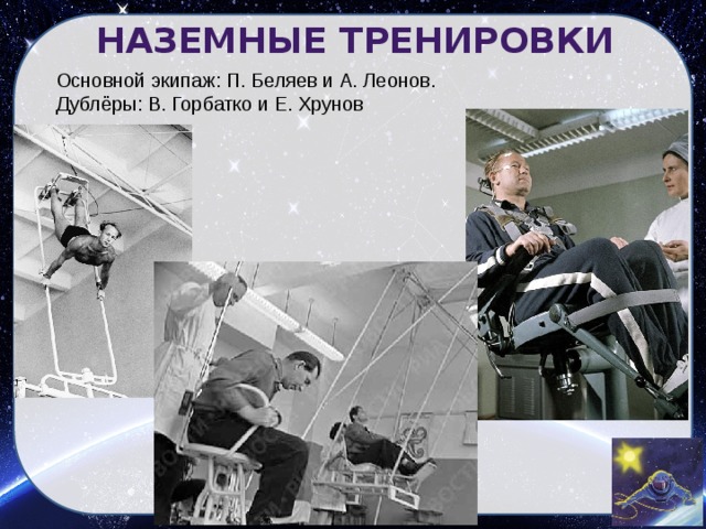 НАЗЕМНЫЕ ТРЕНИРОВКИ Основной экипаж: П. Беляев и А. Леонов. Дублёры: В. Горбатко и Е. Хрунов