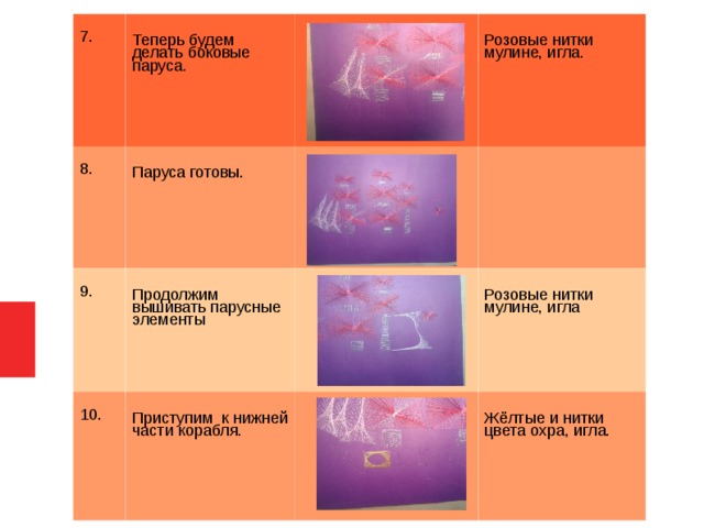 7. Теперь будем делать боковые паруса. 8. Паруса готовы. 9. Продолжим вышивать парусные элементы 10. Розовые нитки мулине, игла. Приступим к нижней части корабля. Розовые нитки мулине, игла Жёлтые и нитки цвета охра, игла.  