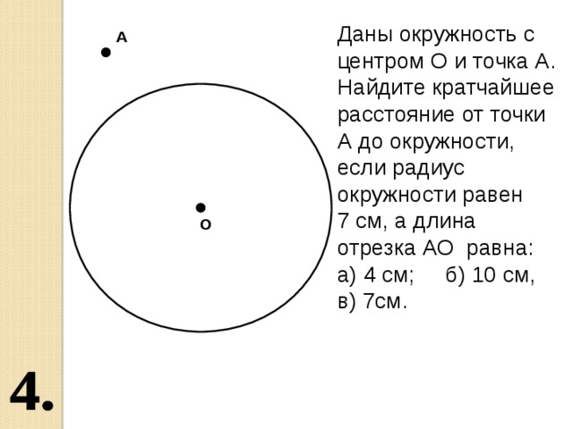 Даны окружность с центром О и точка А. Найдите кратчайшее расстояние от точки А до окружности, если радиус окружности равен 7 см, а длина отрезка АО равна: а) 4 см; б) 10 см, в) 7см. А О 