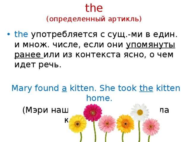 the   (определенный артикль) the употребляется с сущ.-ми в един. и множ. числе, если они упомянуты ранее или из контекста ясно, о чем идет речь. Mary found a kitten. She took the kitten home. (Мэри нашла котенка. Она взяла котенка домой) 