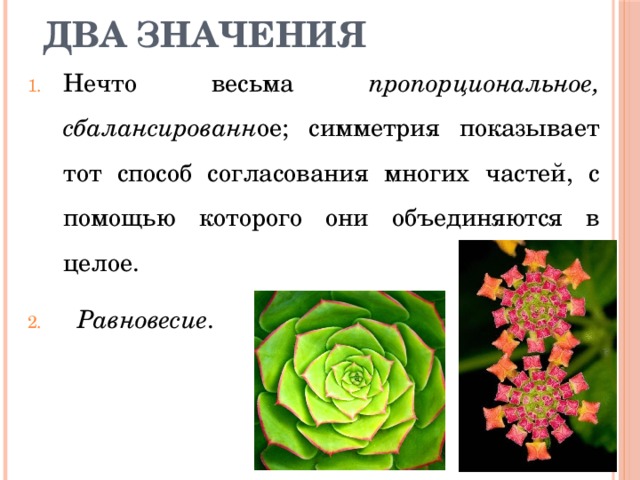 Два значения Нечто весьма пропорциональное, сбалансированн ое; симметрия показывает тот способ согласования многих частей, с помощью которого они объединяются в целое.  Равновесие . 